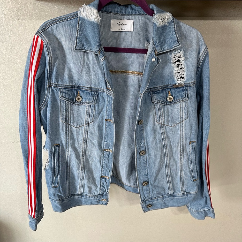 KanCan Light Blue Distressed Jean Jacket with Red Stripes